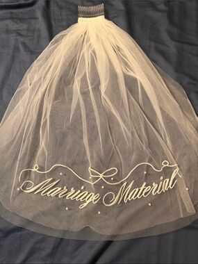 Ivory Bridal Veil with 'Marriage Material' Embroidery and Bride to Be sunglasses